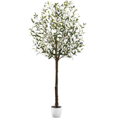 Artificial Olive Tree, Lifelike Faux Tree w/ White Pot, Decorative Olives 8ft