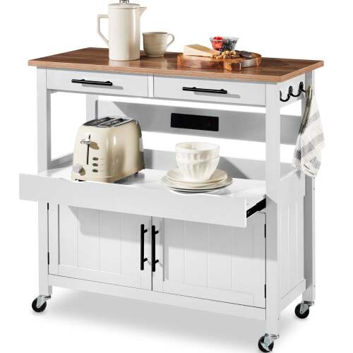 36in Large Rolling Kitchen Island Cart, 2-Door Cabinet, Outlet, & Wheels