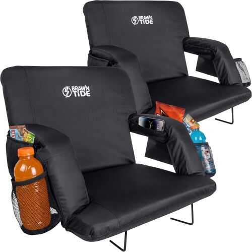 BRAWNTIDE Stadium Seat for Bleachers with Back Support - Wide Padded Reclining Bleacher Seat, Portable Folding Stadium Chair with Armrests, Hooks, Straps, Cup Holders & Pockets
