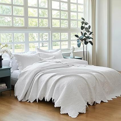 Brandream White Quilts Set Queen Size Bedspreads Cottagecore Farmhouse Bedding 100% Cotton Quilted Bedspreads 3-Piece