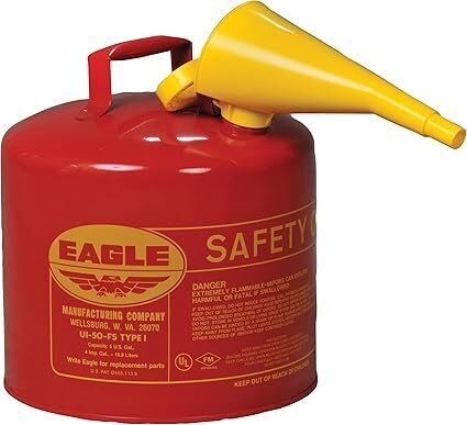 Eagle 5 Gallon Type I Red Safety Gas Can for Gasoline with Flame Arrester, Self-Closing Lid, and F-15 Funnel, Made in the USA, Galvanized Steel Flammable Storage Can