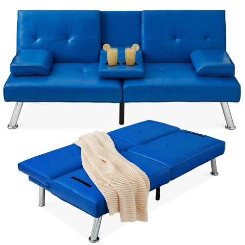 Faux Leather Upholstered Convertible Sofa Bed Futon w/ 2 Cupholders