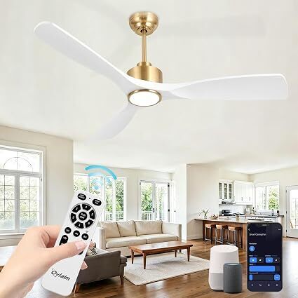 52 Inch Smart Ceiling Fan with Light Remote, 6 Speed Quiet DC Motor High CFM, 3 Blade Modern White Gold Ceiling Fan for Bedroom Living Room, ETL Certified