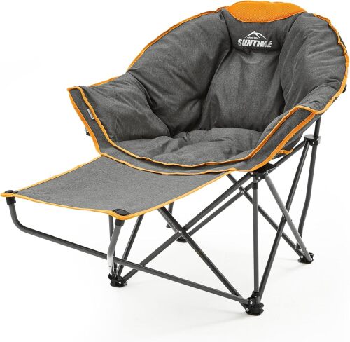 OUTDOOR LIVING SUNTIME Oversized Padded Comfy Camping Chair with Removable Footrest，Weight Capacity 400LBS, Heavy Duty Moon Round Leisure Folding Chair for Camping, Hiking, Carry Bag, Orange