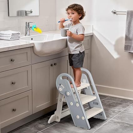 Adjustable Toddler Step Stool with Handles, Converts from 3-Step to 2-Step as Kids Grow, Non-Slip Safety Stool for Bathroom Sink, Kitchen Counter, Potty Training and Everyday Household Use-Grey
