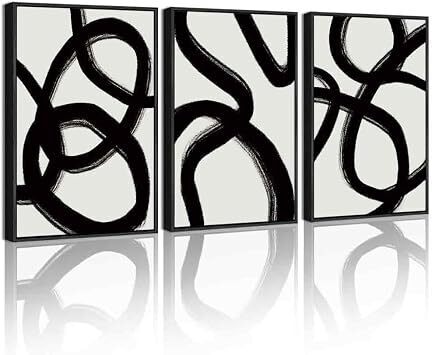 KUVIOKE Black and Grey Abstract Framed Wall Art Ink Wash Minimalist Lines Painting Artwork for Bedroom Hallway 12x16in (Black Framed)