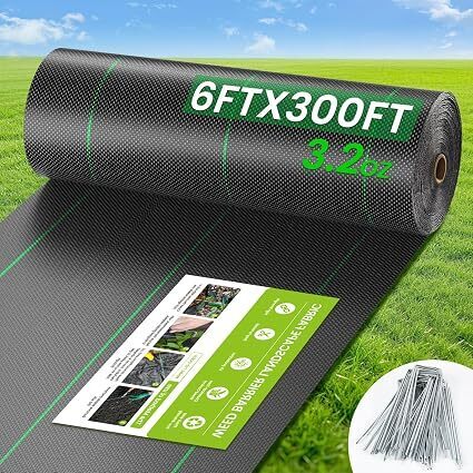 6FT x 300FT Weed Barrier Fabric, 3.2oz Landscape Fabric, Premium Weed Barrier Fabric Heavy Duty with 20 U-Shaped Securing Pegs for Greenhouse Floors, Flower Bed, French Drain, Construction Project