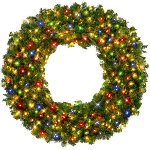 Pre-Lit Artificial Fir Christmas Wreath w/ Multicolor LED Lights, PVC Tips 60in