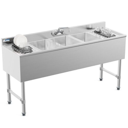 ROVSUN 60" x 18" 3 Bowl Underbar Sink with 2 Drainboards