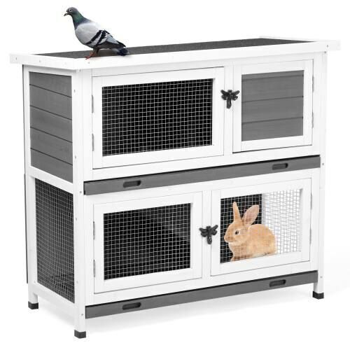 36in 2-Story Solid Wood Rabbit Hutch with 2 Large Main Rooms, Removable Trays
