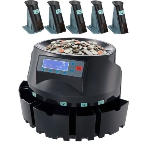 VEVOR USD Coin Counter & Coin Sorters with LCD Display, for USD Coin 1￠ 5￠ 10￠ 25￠ $1, Sorts up to 300 Coins/min, Change Counter Holds 2000 Coins Included 5 Coin Bins & 5 Tubes