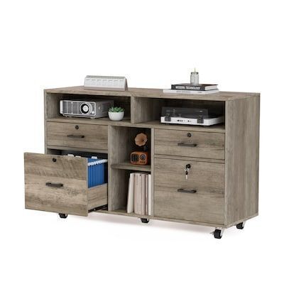 VINGLI 4-Drawer Lateral Rustic Grey Rolling Lockable File Cabinet with Open Shelves