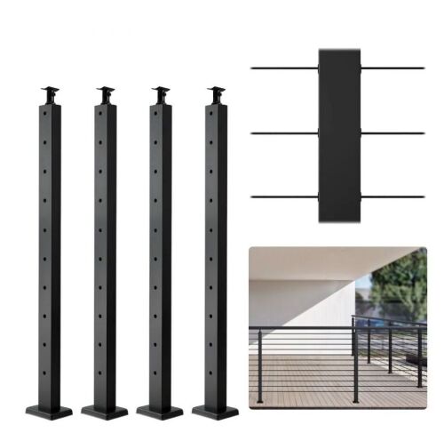 VEVOR 4-Pack Cable Railing Post, 36" x 1" x 2" Steel Horizontal Hole Deck Railing Post, 10 Pre-Drilled Holes