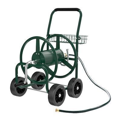 VINGLI 250FT 4-Wheel Garden Hose Reel Cart with Storage Basket