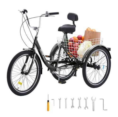 VEVOR 24 Inch 7 Speed Adult Tricycle with Basket and Adjustable Seat
