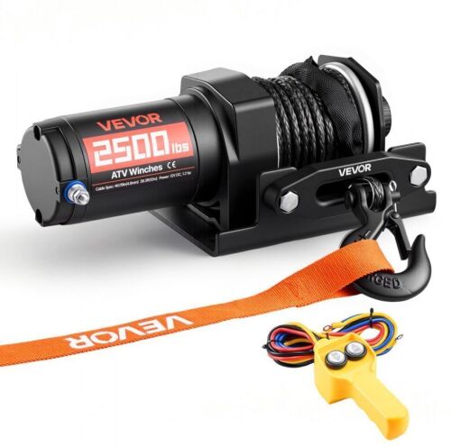 VEVOR 2500 lbs 12V DC ATV/UTV Electric Winch with Φ0.19 in x 39.4 ft Synthetic Rope & Wired Remote Control, IP55 Waterproof, Aluminum Housing Fairlead Mount Plate for Towing ATV, Black