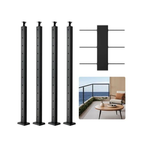 VEVOR 4-Pack Cable Railing Post, 42x2x2 In Horizontal-Hole Deck Railing Post with Pre-Drilled Holes