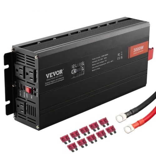 VEVOR Modified Sine Wave Inverter, 3000Watt, DC 12V to AC 120V LCD Display Power Inverter with 3 AC Outlets 2 USB Port 1 Type-C Port 10 Spare Fuses