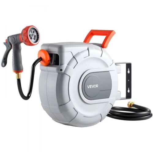 VEVOR Retractable Garden Hose Reel, 1/2 in x 50 ft, Wall Mounted, 9-Function Sprayer Nozzle and 180° Swivel Bracket, Any Length Lock, Automatic Slow Rewind System
