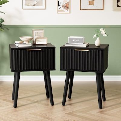 VINGLI 11.8D x 15.7W x 21.8H Fluted Nightstands with Drawer Set of 2 Black