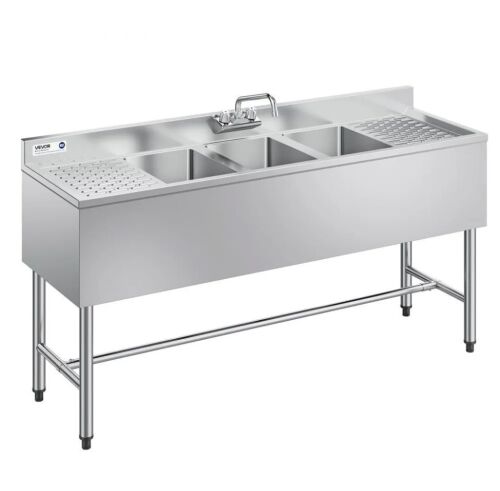 VEVOR 3 Compartment Sink, 18-Gauge 304 Stainless Steel, 10" x 14" x 10" Bowl Size, Double Drainboard and Backsplash