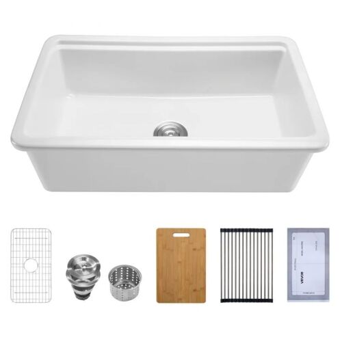 VEVOR 33x19 inch White Fireclay Farmhouse Sink, Drop-In Single Bowl Basin with Multiple Accessories