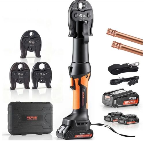 VEVOR 18V Electric Pipe Crimping Tool for 1/2", 3/4", 1" Copper Pipes, 24KN Press Tool Kit Compatible with ProPress - with 3 Press Jaws, 2pcs 18V 2AH Battery, Fast Charger & Carrying Case