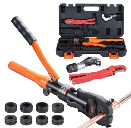VEVOR Copper Pipe Crimping Tool, Hydraulic Driven Press Tool with 1/2", 3/4", 1" Jaws for VUS Type Copper Pipes and 3/8", 1/2", 5/8", 3/4", 1" Jaws for ASTM F1807 Pex Pipe Copper Ring