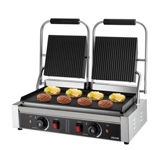 VEVOR 3600W Electric Double Sandwich Panini Grill with Handle and Temp Control, 19x9 in Flat Enamel Plate