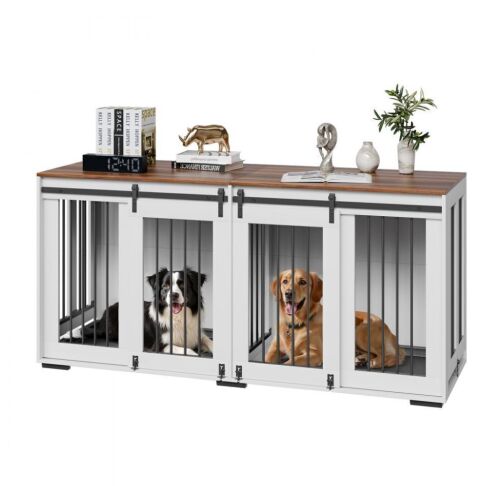 VEVOR 72" Double Dog Crate Furniture with Double Sliding Doors, Removable Tray, Steel Frame