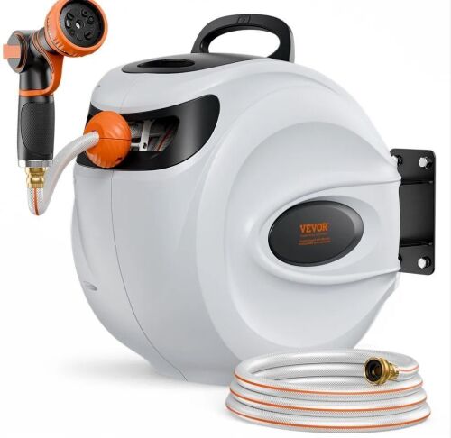 VEVOR Retractable Hose Reel, 100 ft x 1/2 inch, 180° Swivel Bracket Wall-Mounted, 9-Pattern Nozzle, Automatic Rewind, Lock at Any Length, and Slow Return System