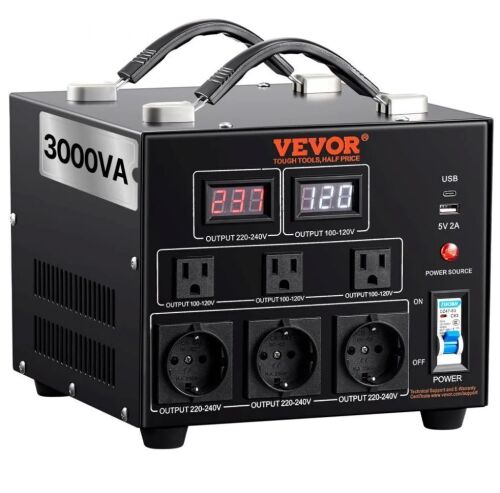 VEVOR Power Converter, 3000W, Durable Step Up/Down Unit, Switches between 110V and 220V, Includes US and EU Outlets plus 5V USB, CE Approved