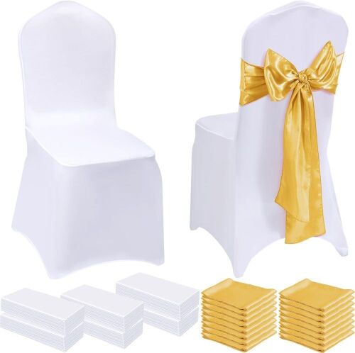 50pc White Spandex Chair Covers with 50pc Gold Sashes