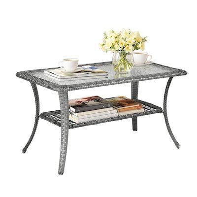 VINGLI 39-in W Outdoor Wicker Coffee Table with Storage/Tempered Glass Top