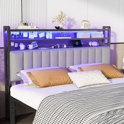 VINGLI Queen Size Adjustable Upholstered Headboard with 3-Tier Shelves/LED/Pegboard/Charging Station/Dark Grey