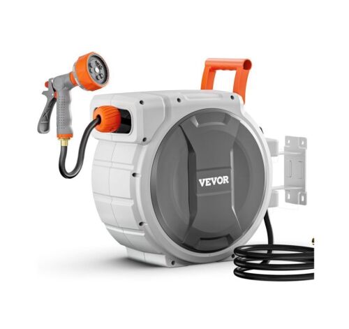 VEVOR Retractable Garden Hose Reel, 5/8 Inch x 100 ft Wall Mounted, 9 Patterns Nozzle, Any Length Lock, Upgraded Slow Return System and 180°Swivel Bracket