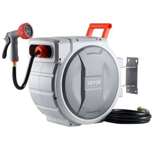 VEVOR Retractable Garden Hose Reel, 1/2 in x 100 ft, Wall Mounted, 9-Function Sprayer Nozzle and 180° Swivel Bracket, Any Length Lock, Automatic Slow Rewind System