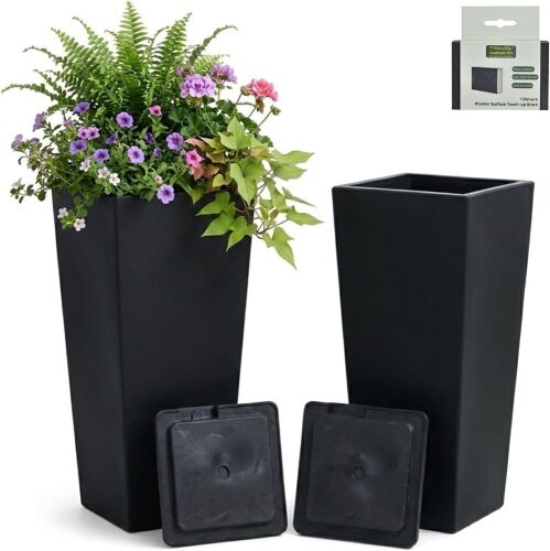 GreenShip 27 inch Tall Planters with Drainage & Inner Shelf, Set of 2