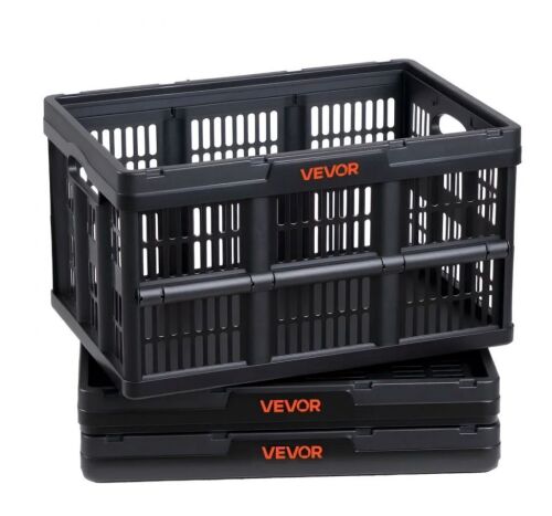 VEVOR Plastic Stackable Folding Storage Crates with Handles, Holds 33 lbs Per Bin, 3 Pack