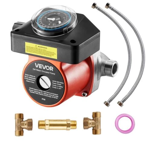 VEVOR Hot Water Recirculating Pump with Bypass Valve, Timer, Adapter, Stainless Steel Head, 0.13 HP 110-120V