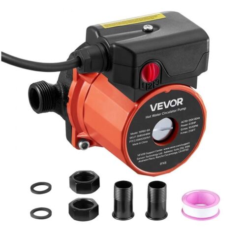 VEVOR Hot Water Recirculating Pump, 10 GPM, 3-Speed Control, 0.13 HP, 110-120V, NPT 3/4 in to NPT 1/2 in Adapter, Cast Iron Head
