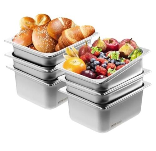 VEVOR 6 Pack Hotel Pans, 1/2 Size Anti-Jam Steam Pan, 6-Inch Deep