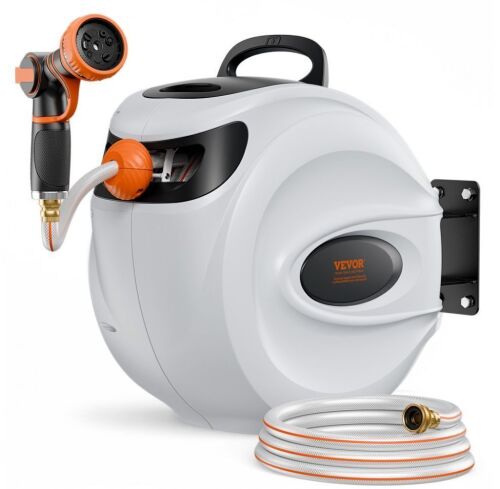 VEVOR Retractable Hose Reel, 130 ft x 1/2 inch, 180° Swivel Bracket Wall-Mounted, 9-Pattern Nozzle, Automatic Rewind, Lock at Any Length, and Slow Return System