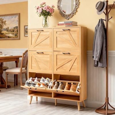 9.45D x 41.7W x 54.3H 6 Flip Drawer Shoe Cabinet with 5 Solid Wood Legs