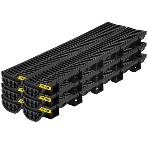 VEVOR Channel Drain with Plastic Grate, 5.8x3.1-Inch HDPE Drainage Trench, Black Plastic Garage Floor Drain, 6x39 Trench Drain Grate, with 6 End Caps, 6 Pack