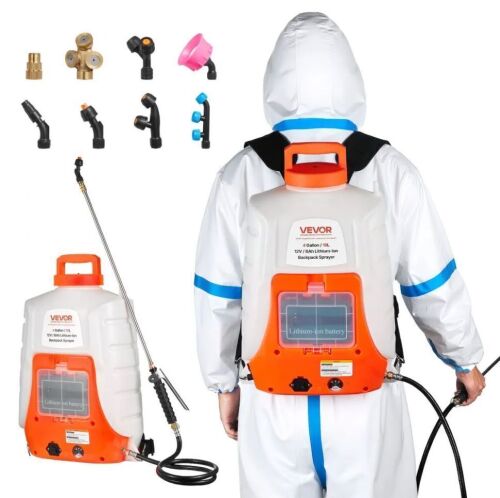 VEVOR Battery Powered Backpack Sprayer, 0-90 PSI Adjustable Pressure, 4 Gallon Tank, 8 Nozzles and 2 Wands, 12V 8Ah Battery