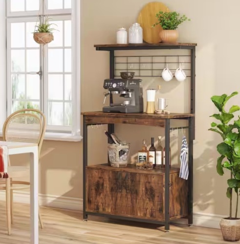Bestier Rustic Brown 31.5 in. W 3-Tier Metal and Wood Baker's Rack with Storage Cabinet and Adjustable Feet