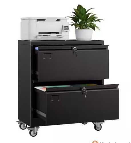 Hephastu 29 in. W x 34 in. H x 16 in. D Rolling 2-Drawer Metal Lateral File Storage Freestanding Cabinet in Black