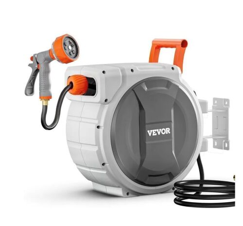 VEVOR Retractable Garden Hose Reel, 1/2 Inch x 145 ft Wall Mounted, 9 Patterns Nozzle, Any Length Lock, Upgraded Slow Return System and 180°Swivel Bracket