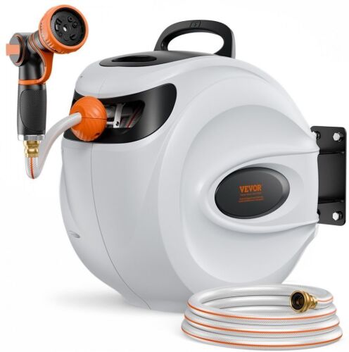VEVOR Retractable Hose Reel, 130 ft x 1/2 inch, 180° Swivel Bracket Wall-Mounted, 9-Pattern Nozzle, Automatic Rewind, Lock at Any Length, and Slow Return System